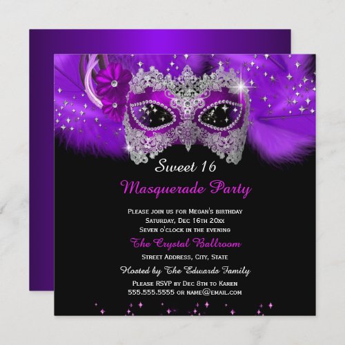 Sparkle Lace Mask Purple Masquerade Sweet 16 Invitation