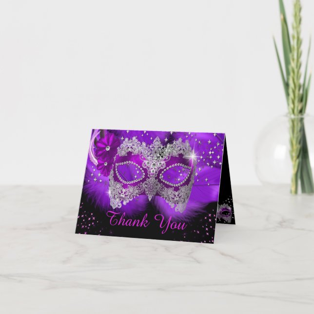 Sparkle Lace Mask Purple Masquerade Thank You Card (Front)