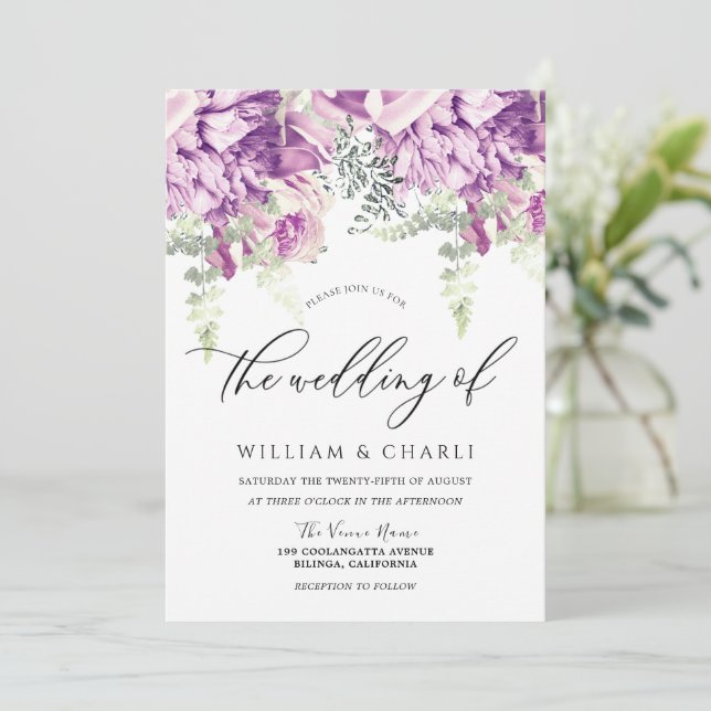 Sparkle Lavender Purple  & Silver Floral Wedding Invitation (Standing Front)