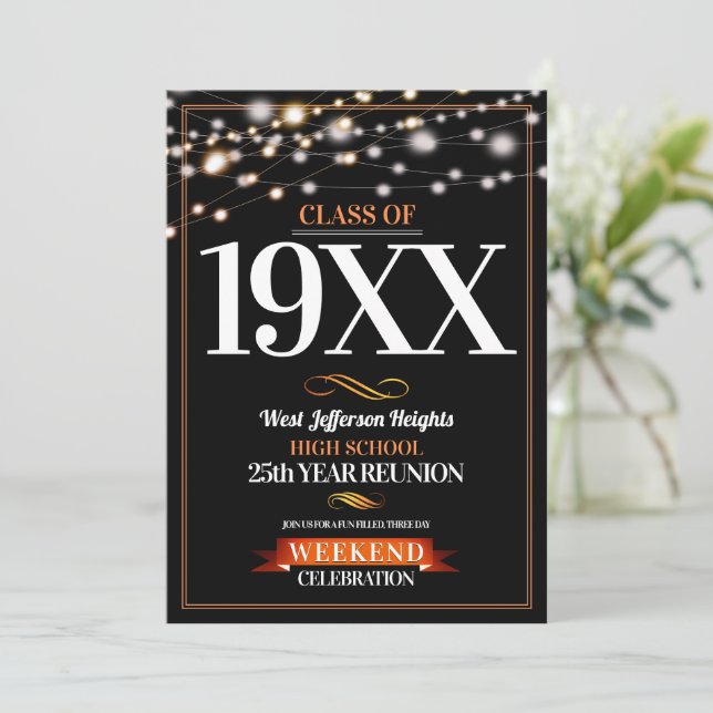 Sparkle Lights Black and Orange Class Reunion Invitation (Standing Front)