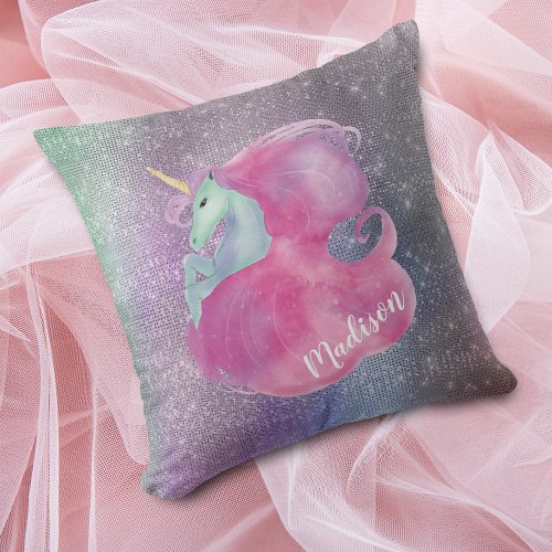 Sparkle Lights Pink Unicorn Throw Pillow