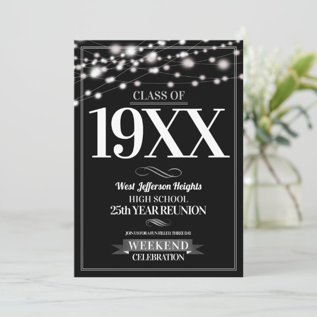 Sparkle Lights School Colors Class Reunion Invitation (Standing Front)