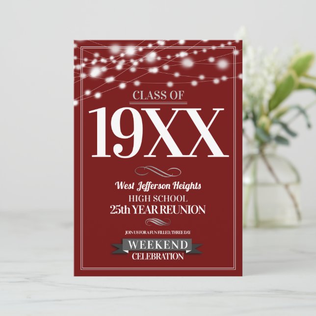 Sparkle Lights School Colors Class Reunion Invitation (Standing Front)