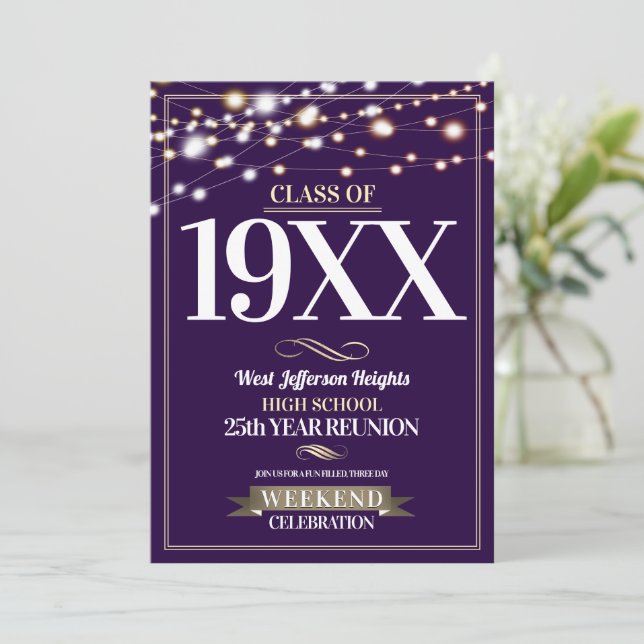 Sparkle Lights School Colors Class Reunion Invitation (Standing Front)