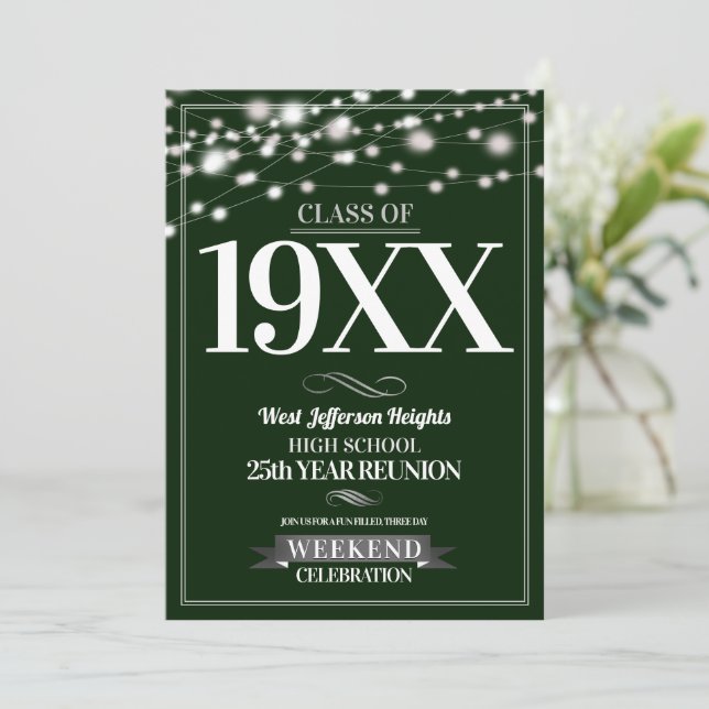 Sparkle Lights School Colors Class Reunion Invitation (Standing Front)