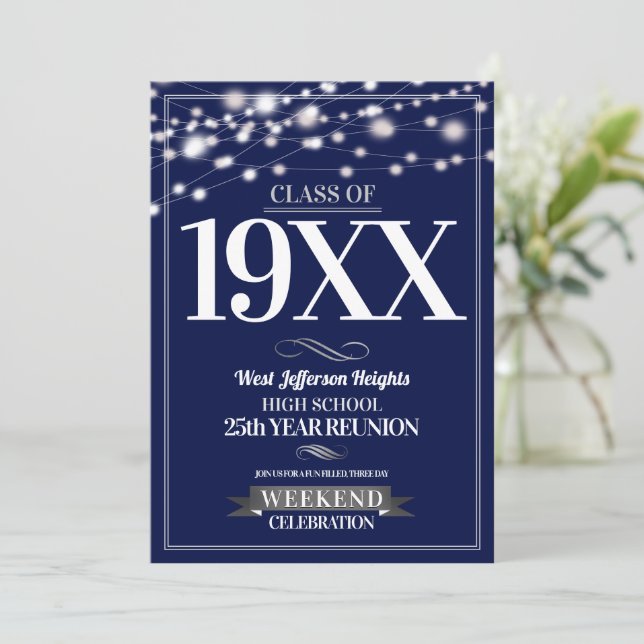 Sparkle Lights School Colors Class Reunion Invitation (Standing Front)