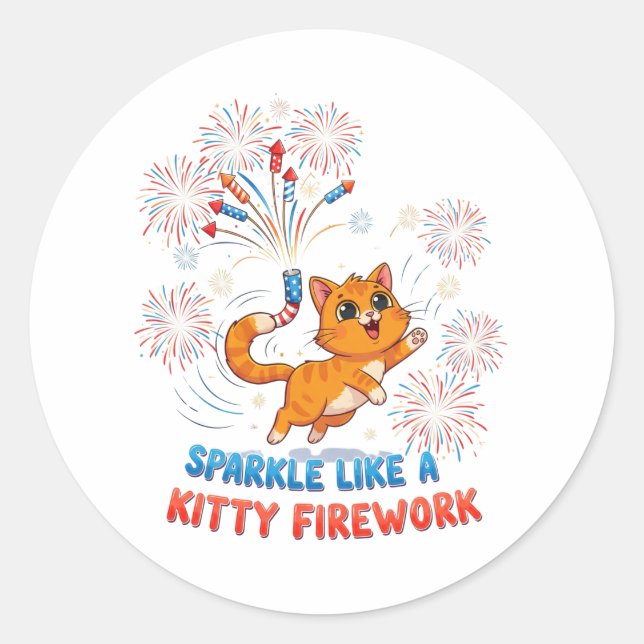 Sparkle Like a Kitty Firework – Cute Patriotic Cat Classic Round Sticker (Front)