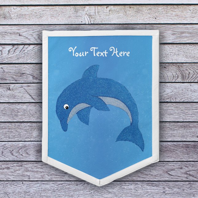 Sparkle Like Pretty Blue Dolphin Jumping Position Pennant (Pretty blue sparkling dolphin in jumping position on blue with water bubbles wall pennant.)