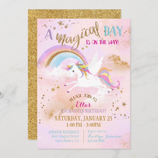 Sparkle Magical Unicorn Pegasus Birthday Invitation (Front/Back)