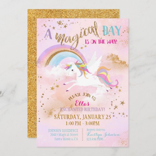 Sparkle Magical Unicorn Pegasus Birthday Invitation
