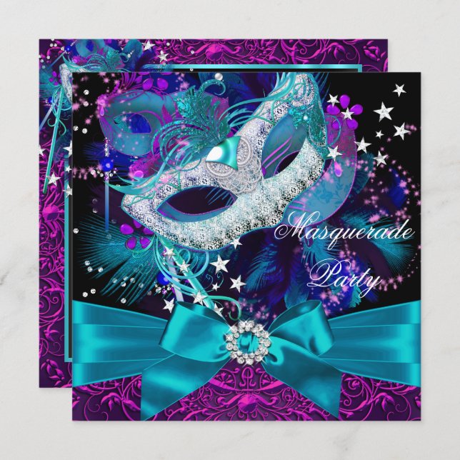 Sparkle Mask & Bow Masquerade Party Invitation (Front/Back)