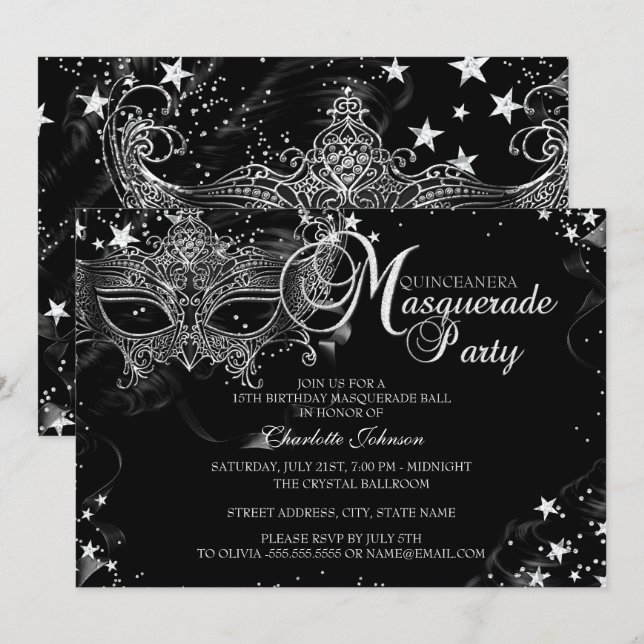 Sparkle Mask Star Night Masquerade Quinceañera Invitation (Front/Back)