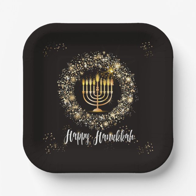 Sparkle Menorah Hanukkah Paper Plates (Front)