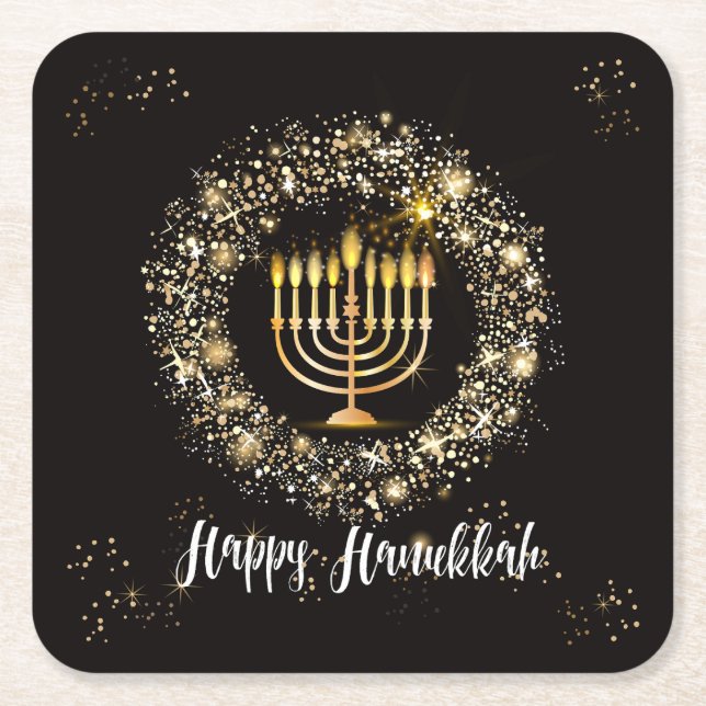 Sparkle Menorah Hanukkah Square Paper Coaster (Front)