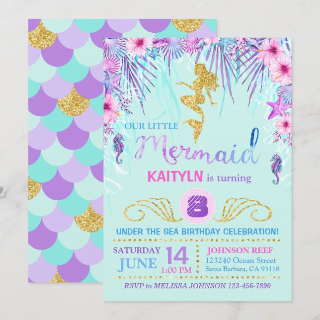Sparkle Mermaid Under the Sea Birthday Invitation (Front/Back)