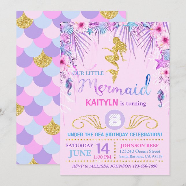 Sparkle Mermaid Under the Sea Birthday Invitation (Front/Back)