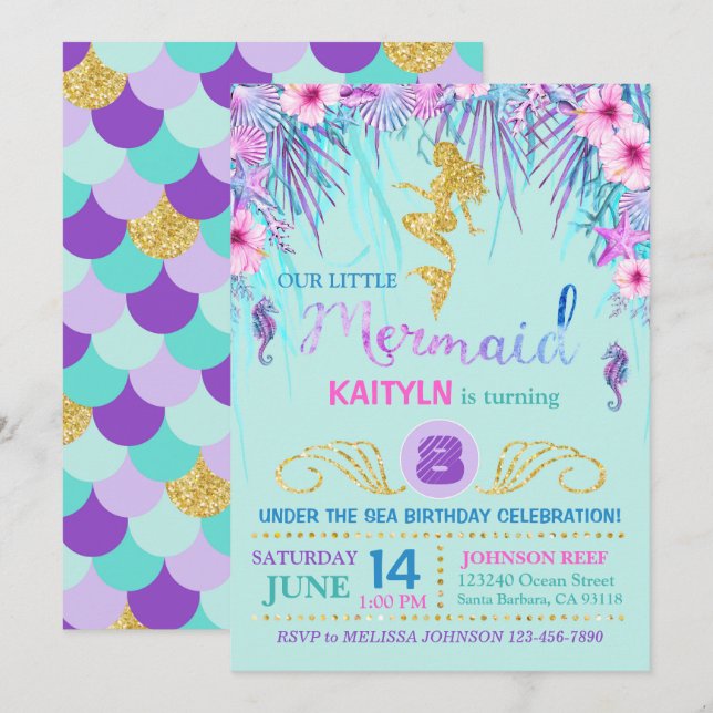 Sparkle Mermaid Under the Sea Birthday Invitation (Front/Back)