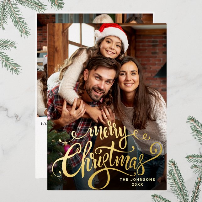Sparkle Merry Christmas 2 PHOTO Greeting Gold Foil Holiday Card (Customizable Christmas holiday greeting photo card with real foil print.)