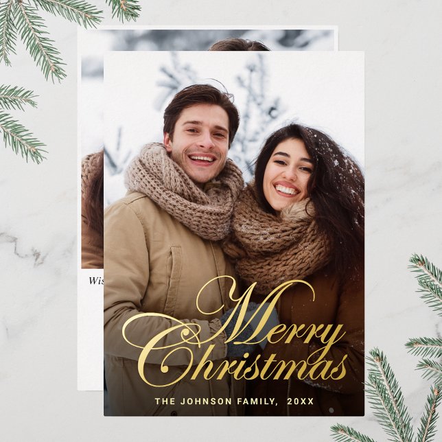 Sparkle Merry Christmas 2 PHOTO Greeting Gold Foil Holiday Card (Customizable Christmas holiday greeting photo card with real foil print.)