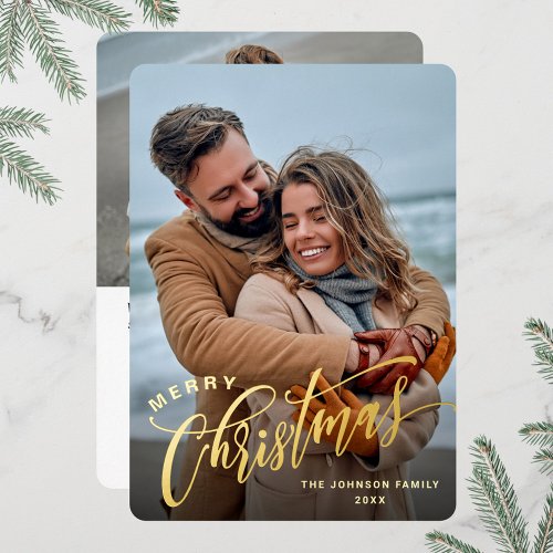 Sparkle Merry Christmas 2 PHOTO Greeting Gold Foil Holiday Card