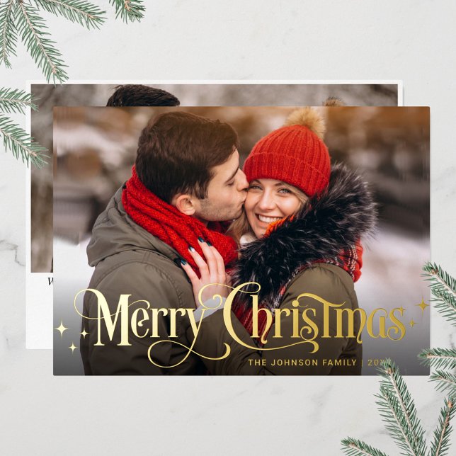 Sparkle Merry Christmas 2 PHOTO Greeting Gold Foil Holiday Card (Creator Uploaded)