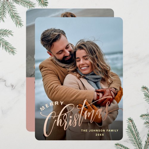Sparkle Merry Christmas 2 PHOTO Greeting Rose Gold Foil Holiday Card