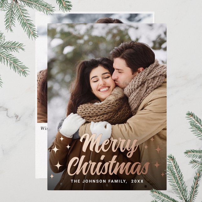 Sparkle Merry Christmas 2 PHOTO Greeting Rose Gold Foil Holiday Card (Customizable Christmas holiday greeting photo card with real foil print.)
