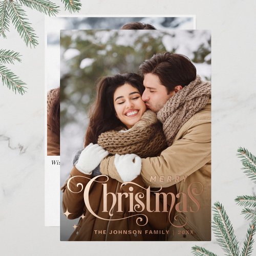 Sparkle Merry Christmas 2 PHOTO Greeting Rose Gold Foil Holiday Card