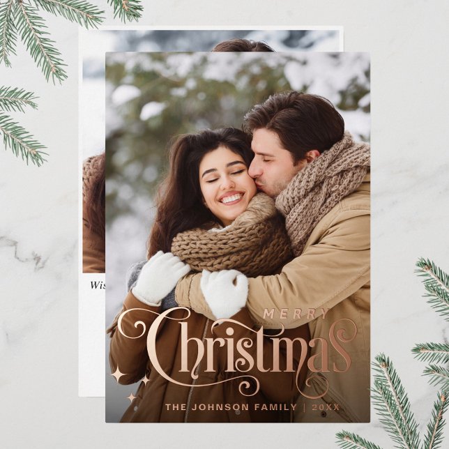 Sparkle Merry Christmas 2 PHOTO Greeting Rose Gold Foil Holiday Card (Creator Uploaded)