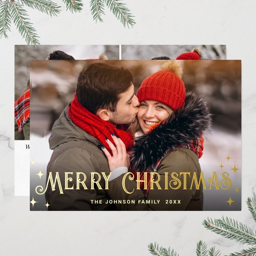 Sparkle Merry Christmas 3 PHOTO Greeting Gold Foil Holiday Card