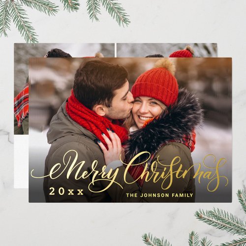 Sparkle Merry Christmas 3 PHOTO Greeting Gold Foil Holiday Card