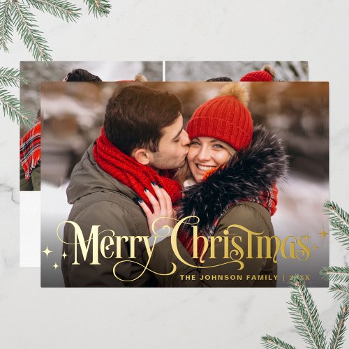 Sparkle Merry Christmas 3 PHOTO Greeting Gold Foil Holiday Card
