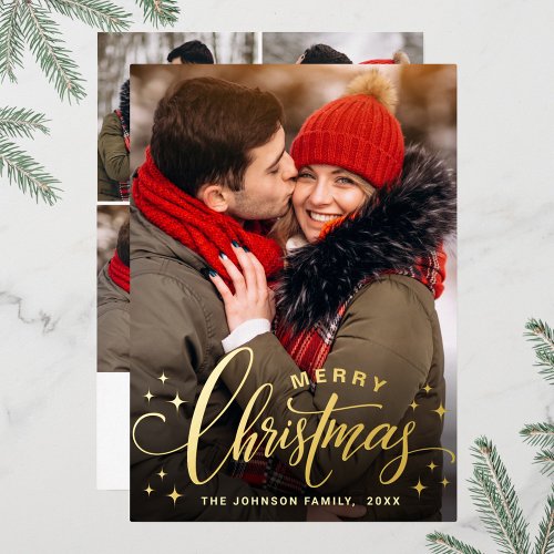 Sparkle Merry Christmas 3 PHOTO Greeting Gold Foil Holiday Card