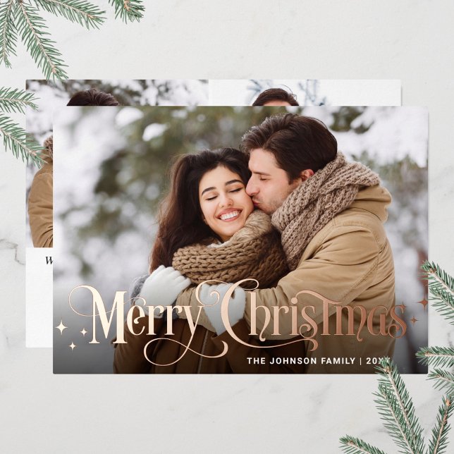 Sparkle Merry Christmas 3 PHOTO Greeting Rose Gold Foil Holiday Card (Creator Uploaded)