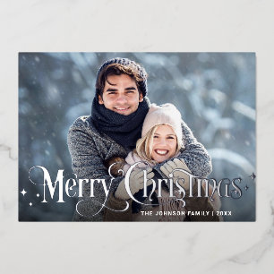 Sparkle Merry Christmas 3 PHOTO Greeting Silver Foil Holiday Card