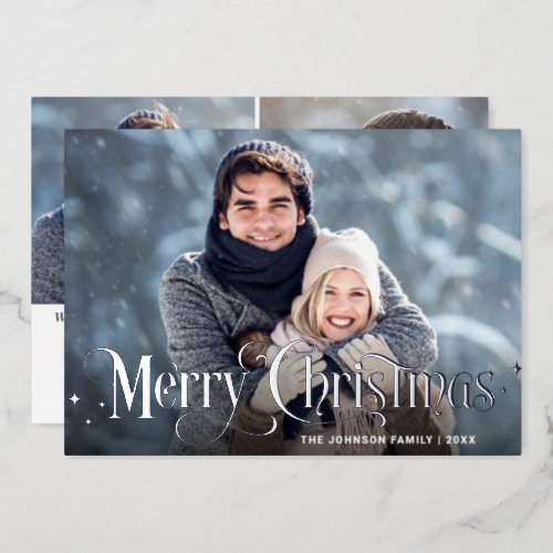 Sparkle Merry Christmas 3 PHOTO Greeting Silver Foil Holiday Card