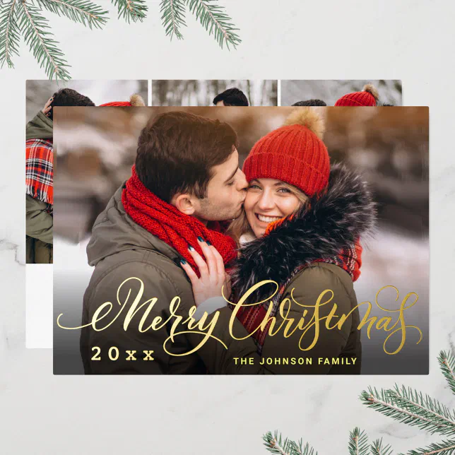 Sparkle Merry Christmas 4 PHOTO Greeting Gold Foil Holiday Card Zazzle