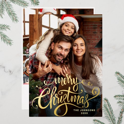 Sparkle Merry Christmas 4 PHOTO Greeting Gold Foil Holiday Card