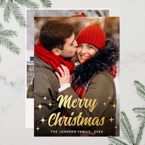 Sparkle Merry Christmas 4 PHOTO Greeting Gold Foil Holiday Card