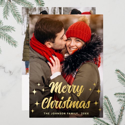 Sparkle Merry Christmas 4 PHOTO Greeting Gold Foil Holiday Card