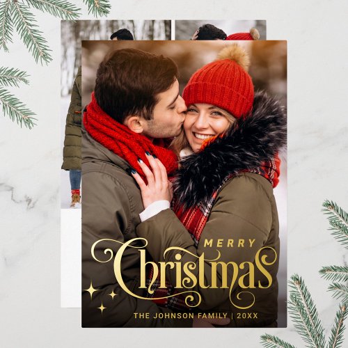 Sparkle Merry Christmas 4 PHOTO Greeting Gold Foil Holiday Card