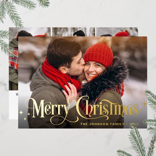 Sparkle Merry Christmas 4 PHOTO Greeting Gold Foil Holiday Card