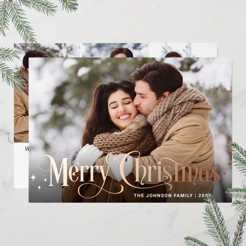 Sparkle Merry Christmas 4 PHOTO Greeting Rose Gold Foil Holiday Card