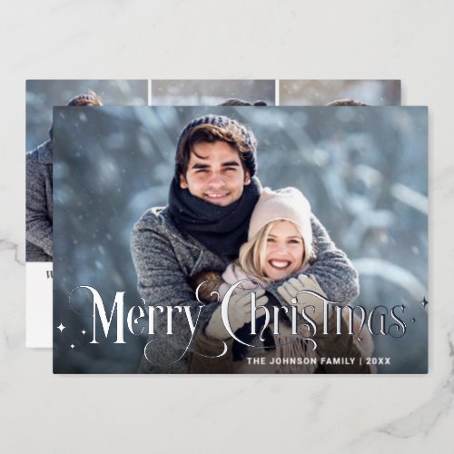 Sparkle Merry Christmas 4 PHOTO Greeting Silver Foil Holiday Card