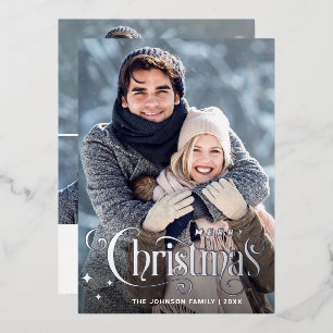 Sparkle Merry Christmas 4 PHOTO Greeting Silver Foil Holiday Card