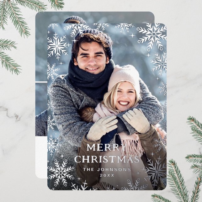 Sparkle Merry Christmas 4 PHOTO Greeting Silver Foil Holiday Card (Creator Uploaded)