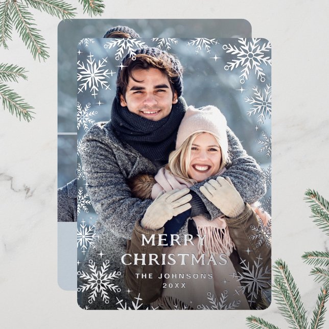 Sparkle Merry Christmas 4 PHOTO Greeting Silver Foil Holiday Card (Creator Uploaded)