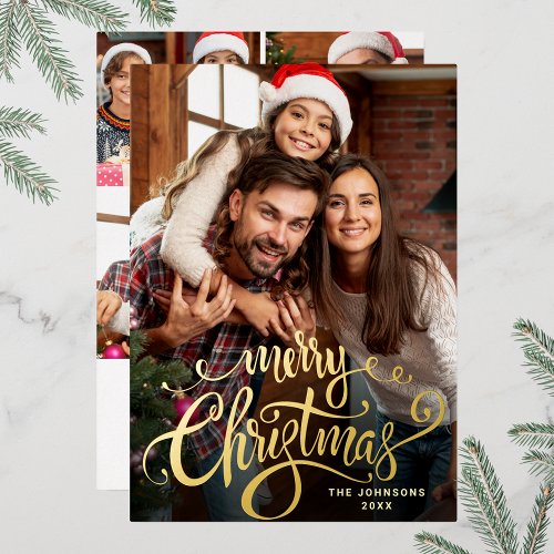 Sparkle Merry Christmas 5 PHOTO Greeting Gold Foil Holiday Card