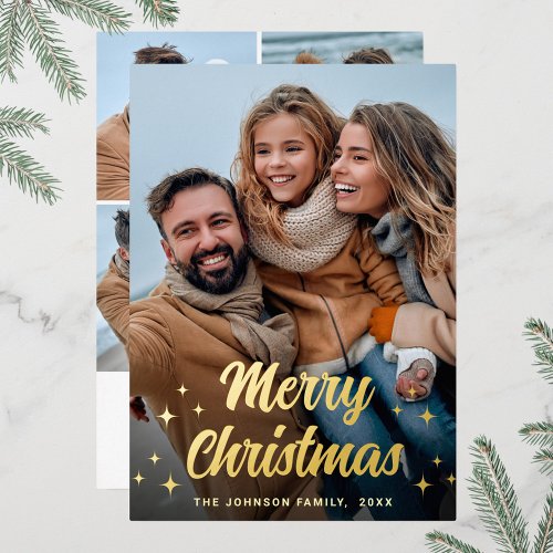 Sparkle Merry Christmas 5 PHOTO Greeting Gold Foil Holiday Card