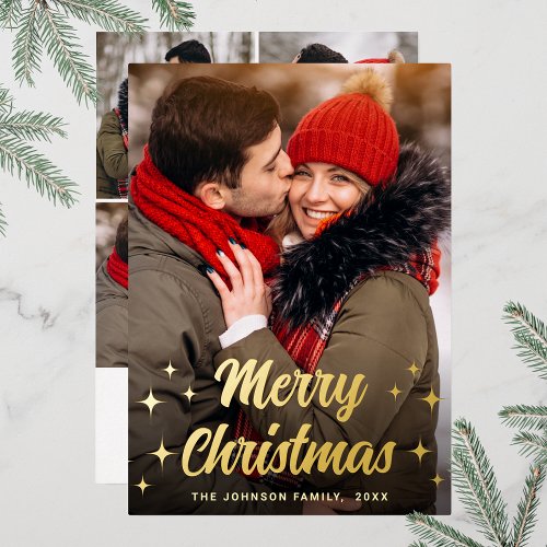 Sparkle Merry Christmas 5 PHOTO Greeting Gold Foil Holiday Card